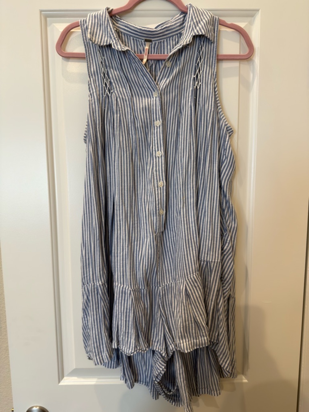 Free People Blue and White Striped Sleeveless Romper w/pockets - Picture 3 of 5